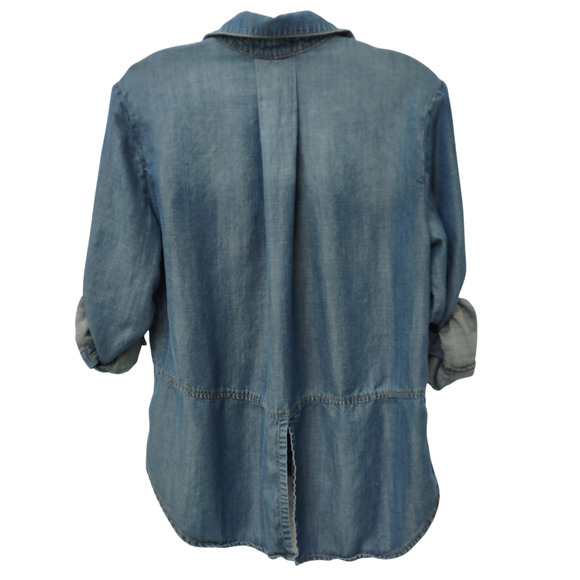 SOLD  Denim Button Down Roll Tab Blouse Casual Shirt Size Blue Jean Shirt - Picture 2 of 5